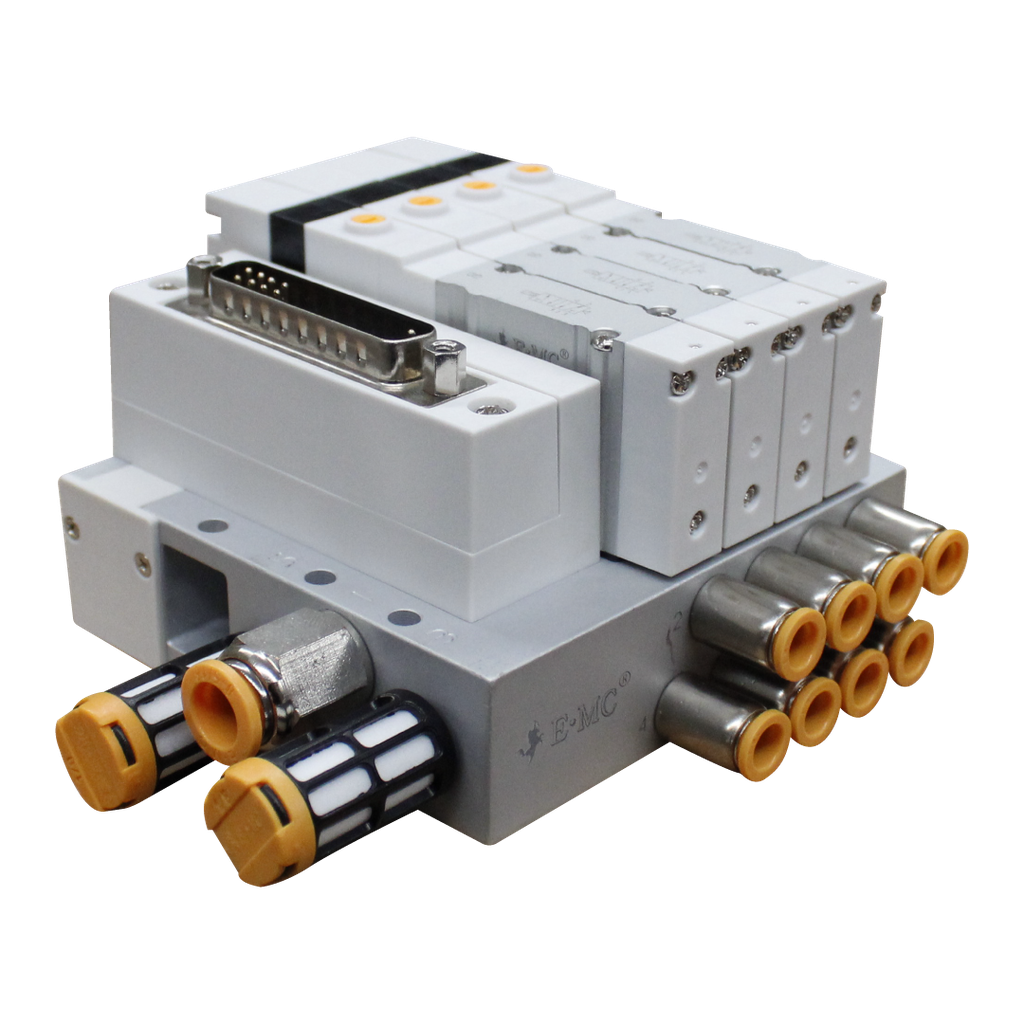 Manifold multipin, tamaño 1, 4 estaciones, 4 electroválvulas 5/2 1 bobina, 24 VDC, conectores neumaticos laterales con racores para manguera de 6mm