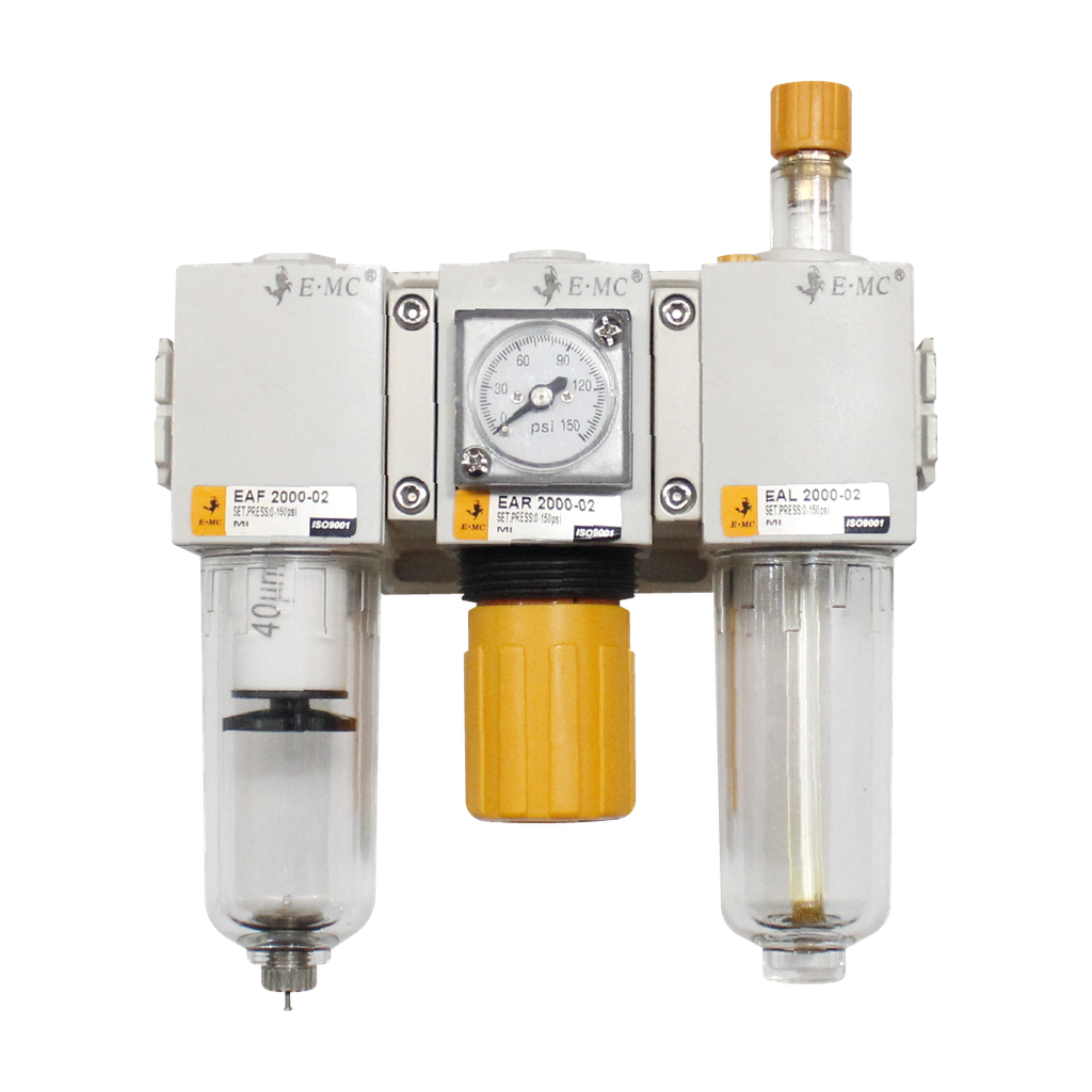 Combinación Filtro Regulador y Lubricador 1/8" BSP EAC2000-01F3 FRL, manómetro cuadrado, 145 PSI, 40um, purga manual