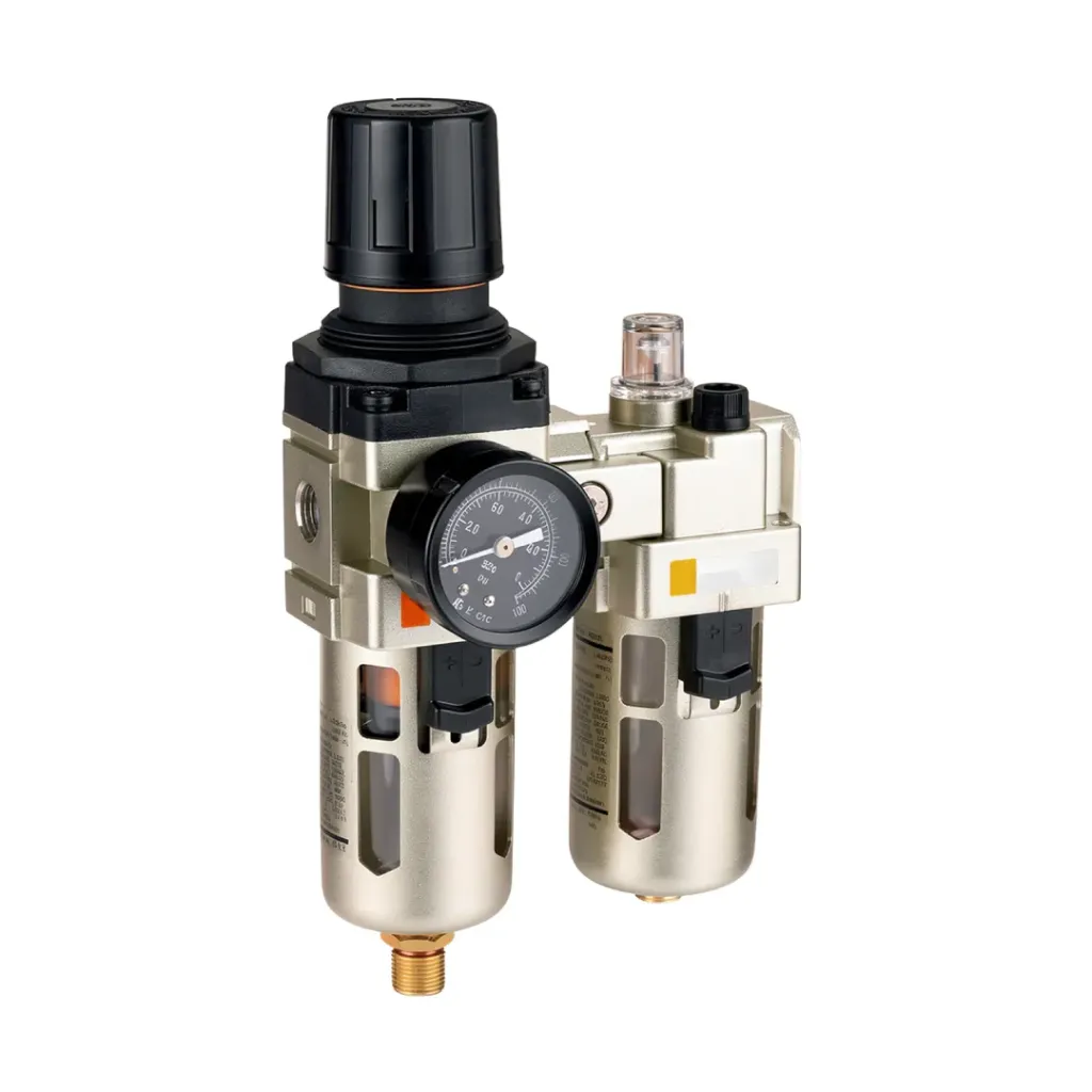 Combinación Filtro Regulador y Lubricador EC4010-045 FRL 1/2" BSP, manómetro redondo, Bar/Psi, purga manual, 25um