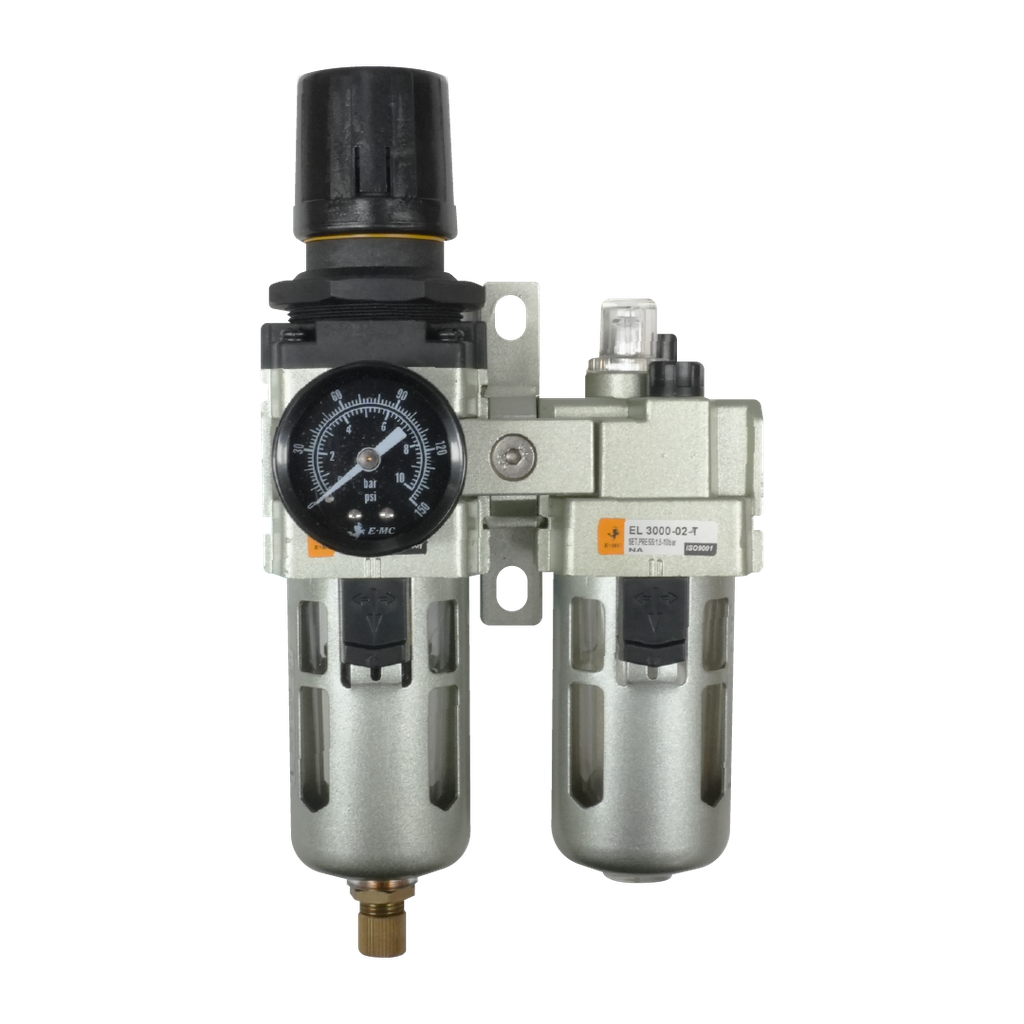 Combinación Filtro Regulador y Lubricador EC3010-025-T FR.L, 1/4" NPT, manómetro redondo, Bar/Psi purga manual, 25um