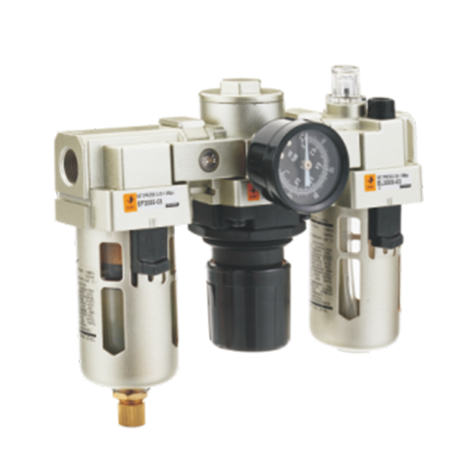 [EC4010-035-T] Combinación Filtro Regulador y Lubricador EC4010-035-T FR.L, 3/8" NPT, manómetro redondo, Bar/Psi purga manual, 25um