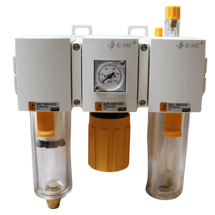 Combinación Filtro Regulador y Lubricador EAC4000-06C-F3 FRL 3/4" BSP, manómetro redondo, 145 PSI, 40um, purga semiautomática