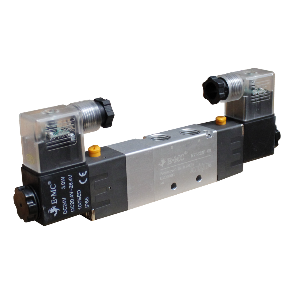 Electroválvula 5/3 doble bobina, Centros a presión, 2 serie, DC24V, Conector transparente 1/4" BSP