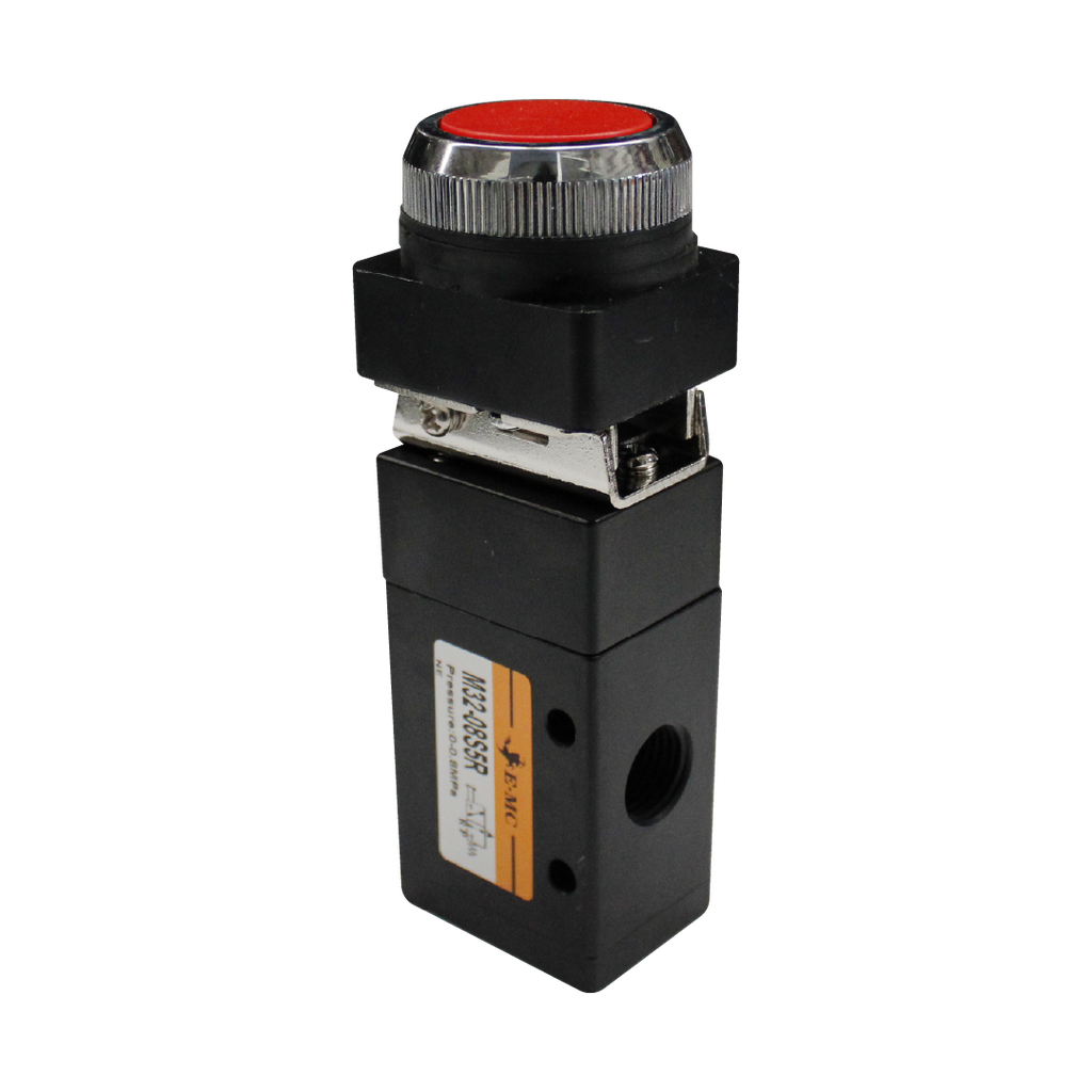 Válvula de panel 3/2, tamaño 1, acccionamiento mediante boton pulsador rasante c-rojo puertos 1/8" BSP