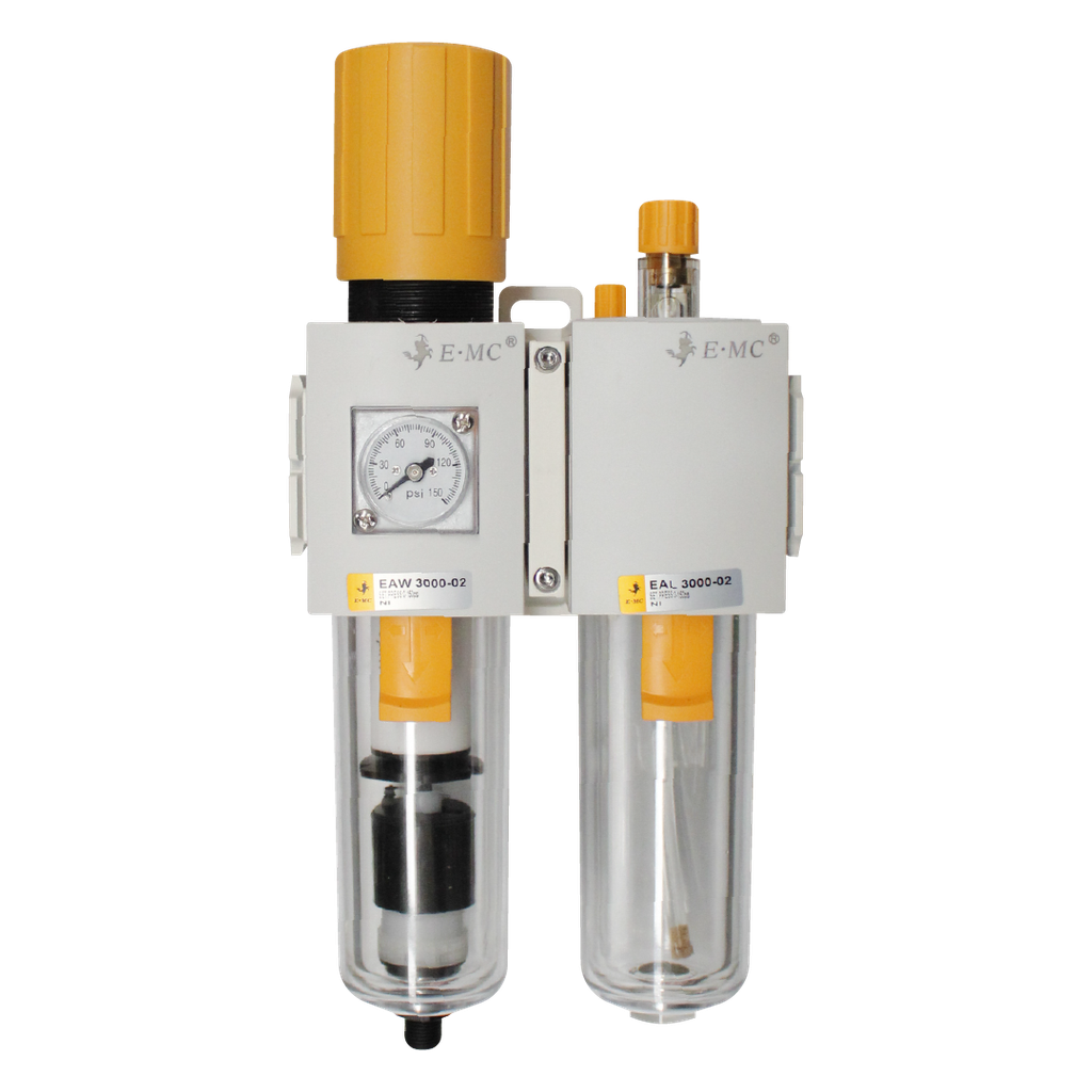 Combinación Filtro Regulador y Lubricador FR.L, manómetro cuadrado, grado de fitración 40 micras, Tamaño 3, vasos policarbonato, 145 PSI, purga automática, puertos 3/8" BSP