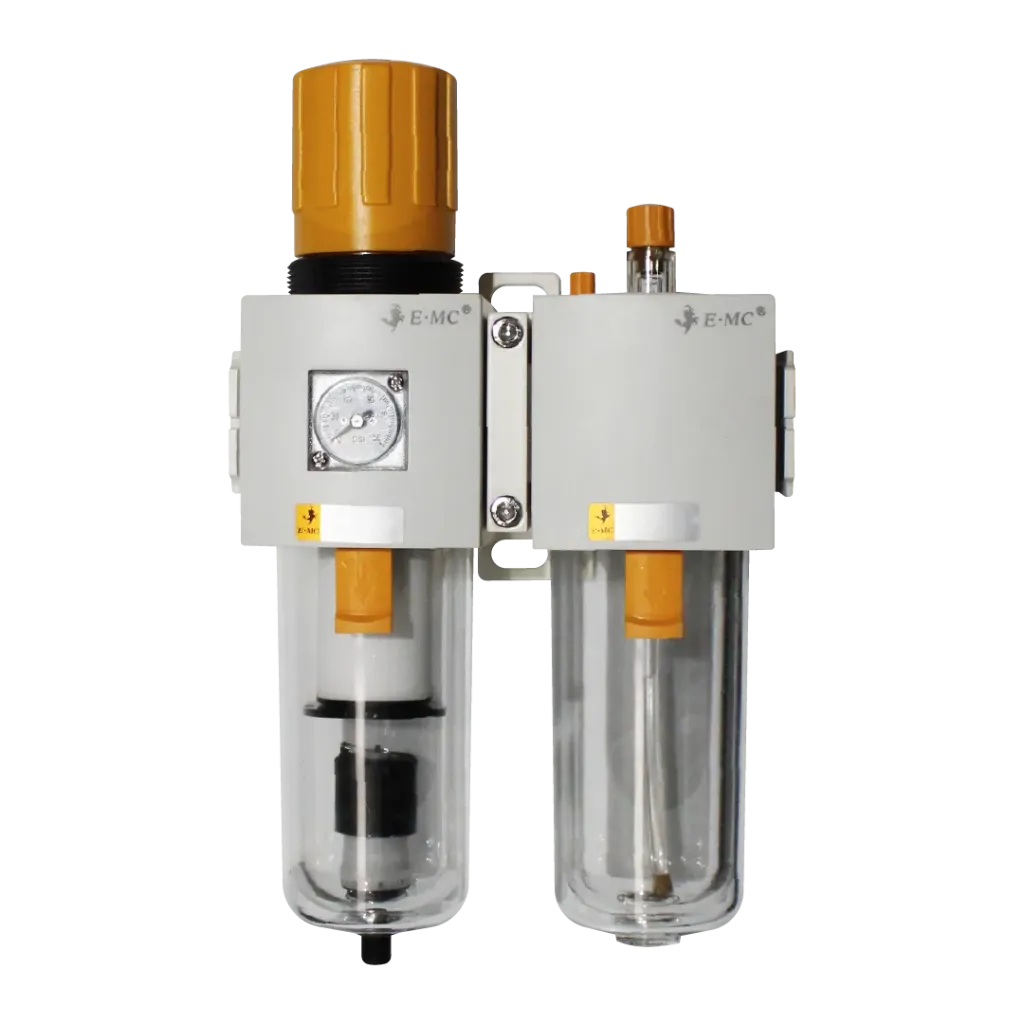Combinación Filtro Regulador y Lubricador FR.L, manómetro cuadrado, grado de fitración 40 micras, Tamaño 4, vasos policarbonato, 145 PSI, purga automática, puertos 3/8" BSP