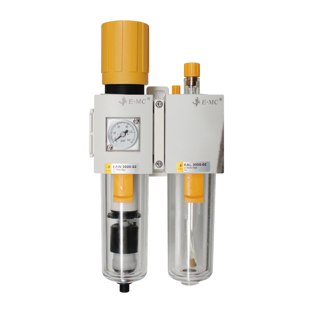 Combinación Filtro Regulador y Lubricador FR.L, manómetro cuadrado, grado de fitración 40 micras, Tamaño 3, vasos policarbonato, 145 PSI, purga automática, puertos 1/4" NPT