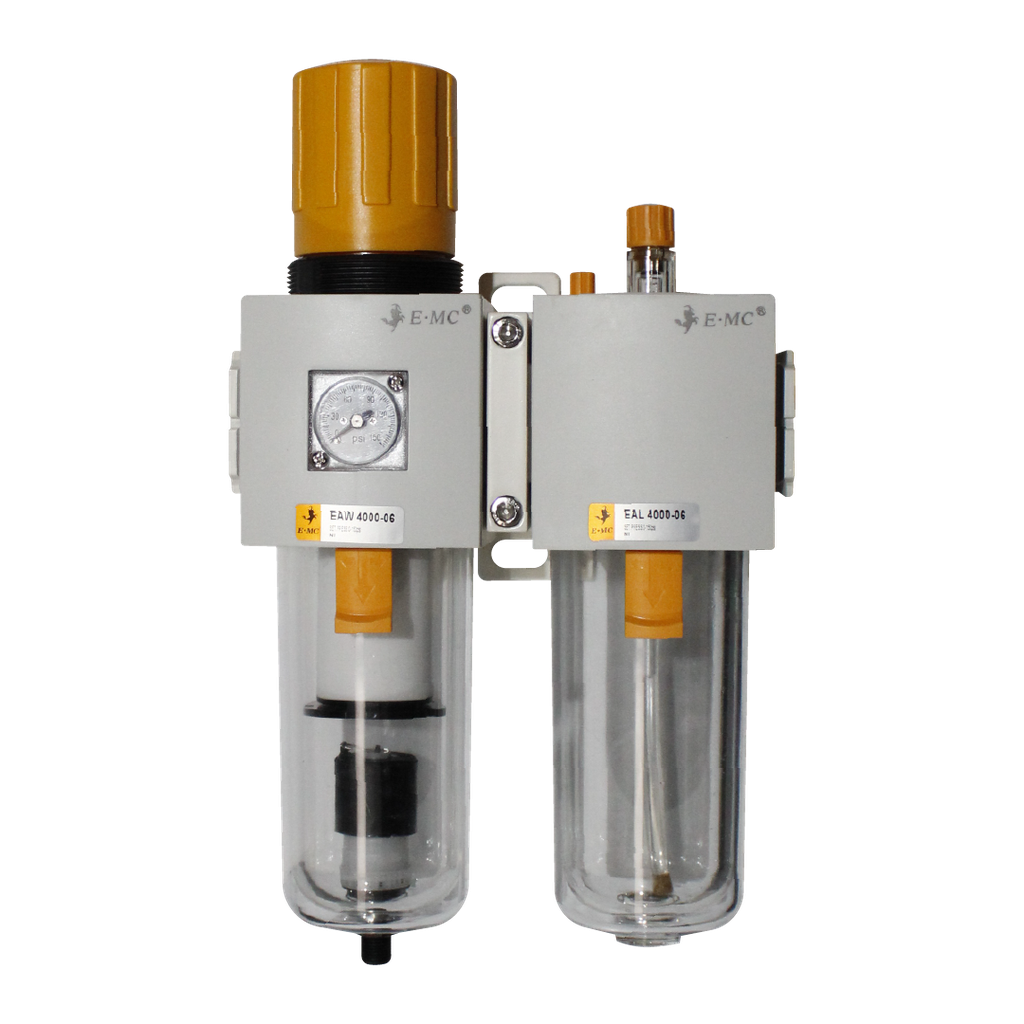 Combinación Filtro Regulador y Lubricador FR.L, manómetro cuadrado, grado de fitración 40 micras, Tamaño 4, vasos policarbonato, 145 PSI, purga automática, puertos 3/4" NPT