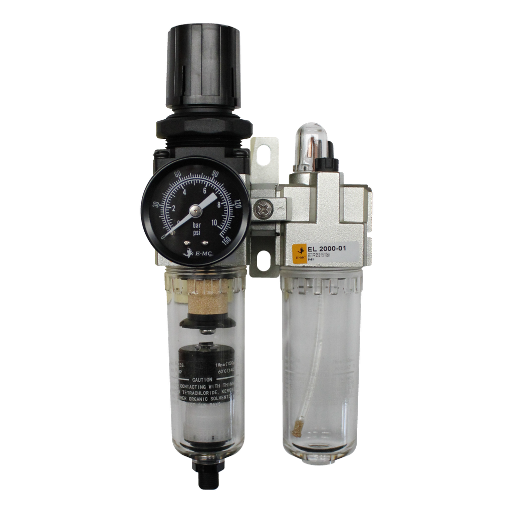 Combinación Filtro Regulador y Lubricador FRL, manómetro redondo, grado de fitración 25 micras, Tamaño 2, vasos metálicos, 145 PSI, purga autómatica, puertos 1/8" BSP