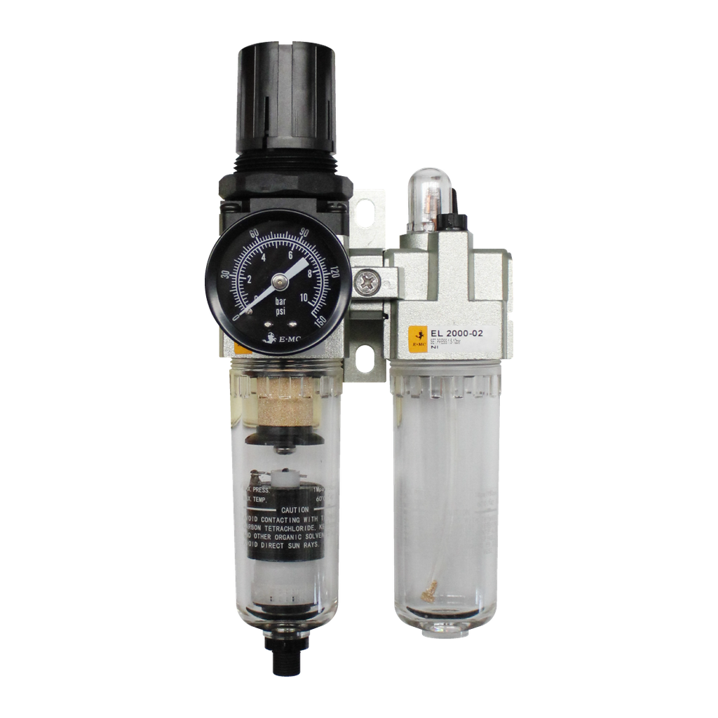 Combinación Filtro Regulador y Lubricador FRL, manómetro redondo, grado de fitración 25 micras, Tamaño 2, vasos metálicos, 145 PSI, purga autómatica, puertos 1/4" BSP