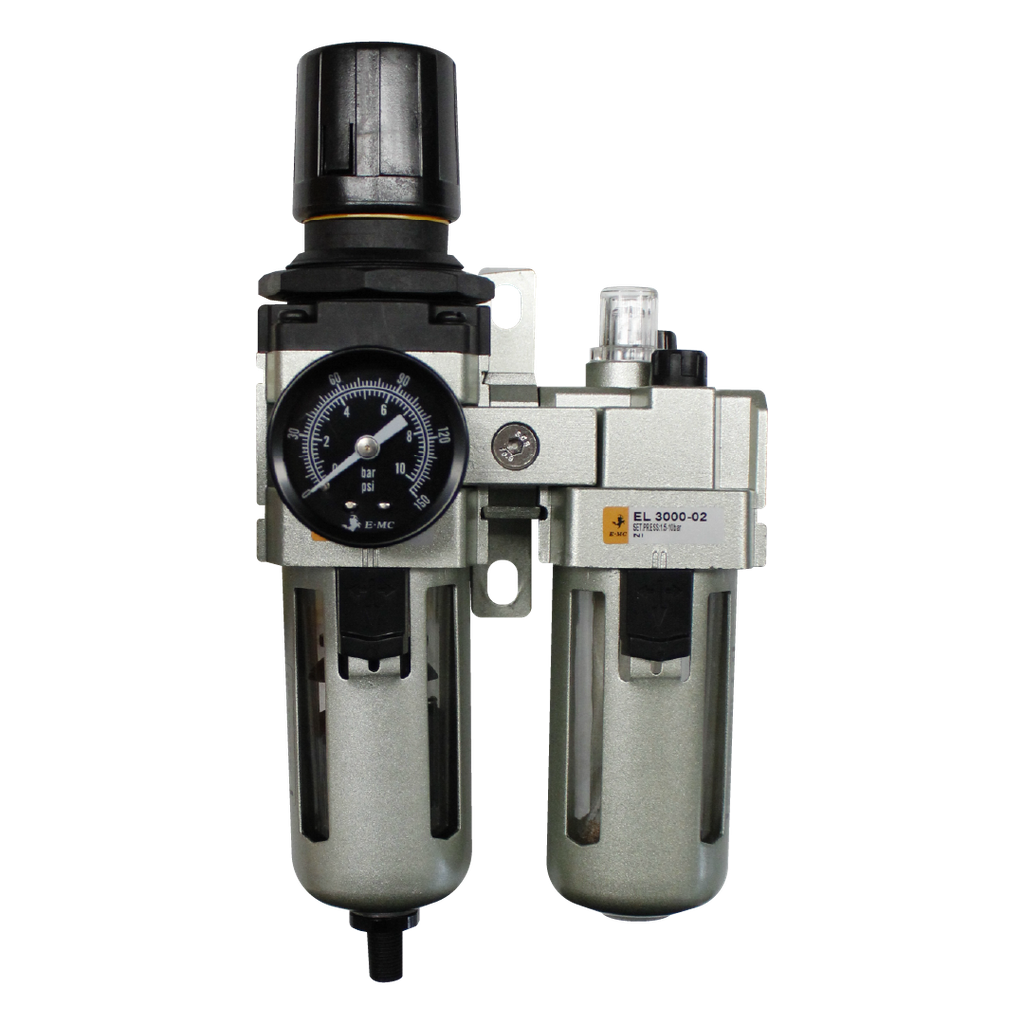 Combinación Filtro Regulador y Lubricador FRL, manómetro redondo, grado de fitración 25 micras, Tamaño 3, vasos metálicos, 145 PSI, purga autómatica, puertos 1/4" BSP