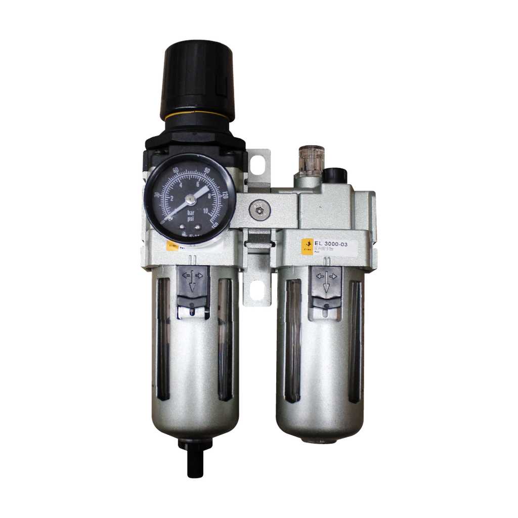 Combinación Filtro Regulador y Lubricador FRL, manómetro redondo, grado de fitración 25 micras, Tamaño 3, vasos metálicos, 145 PSI, purga autómatica, puertos 3/8" BSP