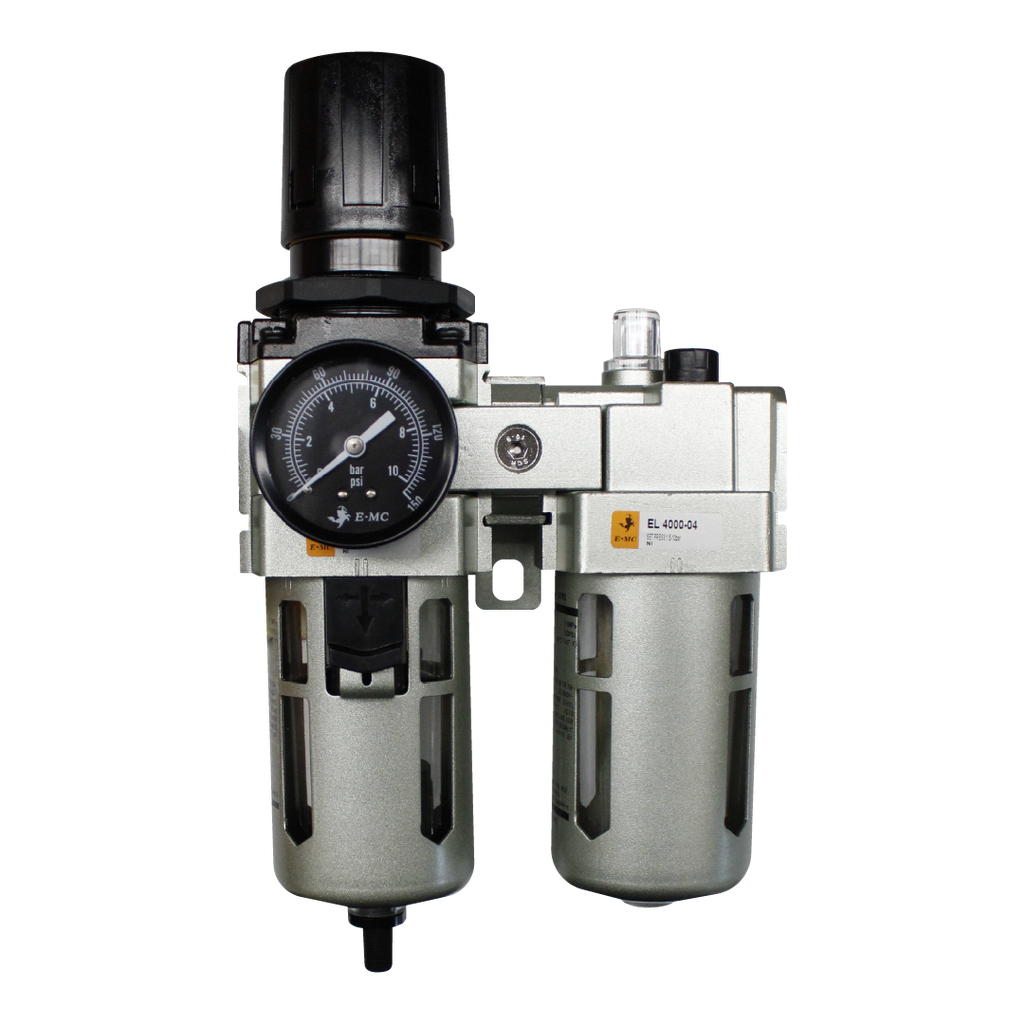 Combinación Filtro Regulador y Lubricador FRL, manómetro redondo, grado de fitración 25 micras, Tamaño 4, vasos metálicos, 145 PSI, purga autómatica, puertos 1/2" BSP