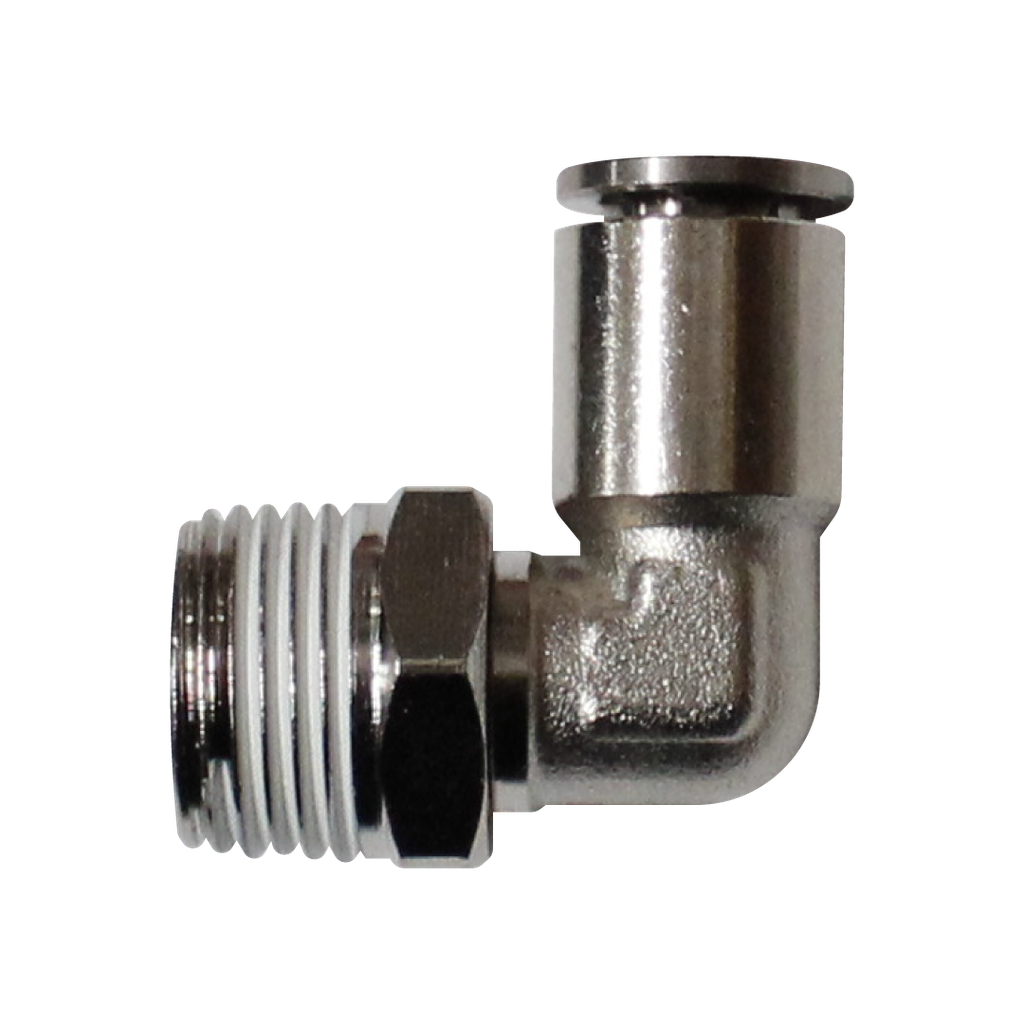 Racor rápido codo metálico, latón niquelado, manguera 8mm rosca 1/4'' PT