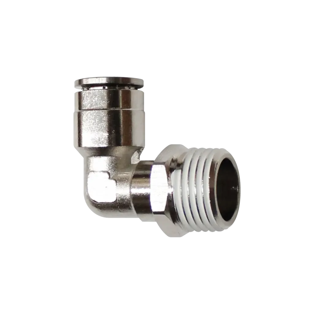 Racor rápido codo metálico, latón niquelado, manguera 12mm rosca 1/4'' PT