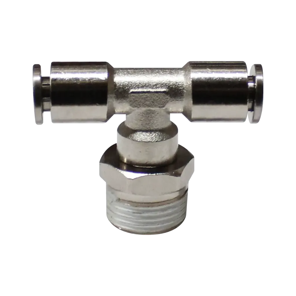 [EMB06-03P-A] Racor rápido Tee metálico, latón niquelado, manguera 6mm rosca 3/8'' PT