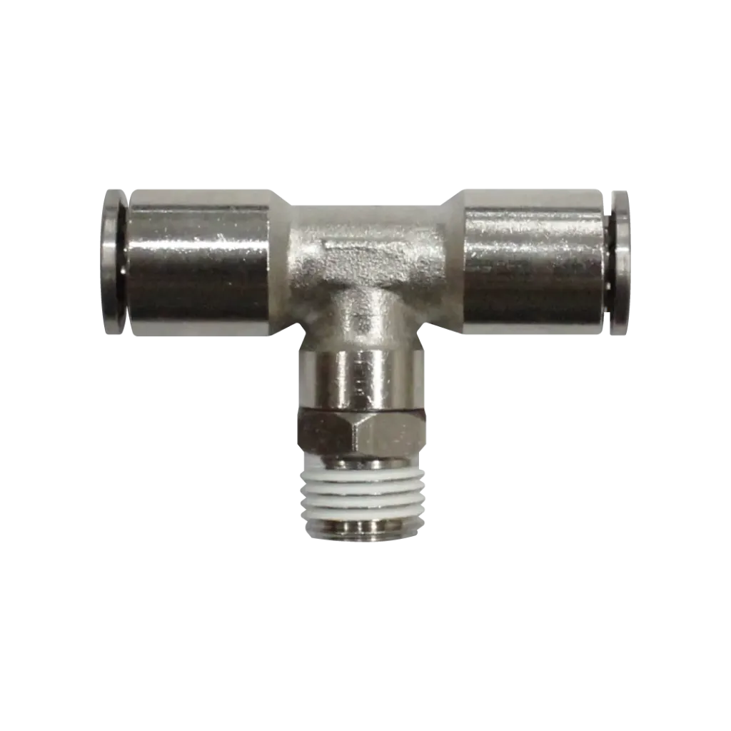 [EMB08-03P-A] Racor rápido Tee metálico, latón niquelado, manguera 8mm rosca 3/8'' PT