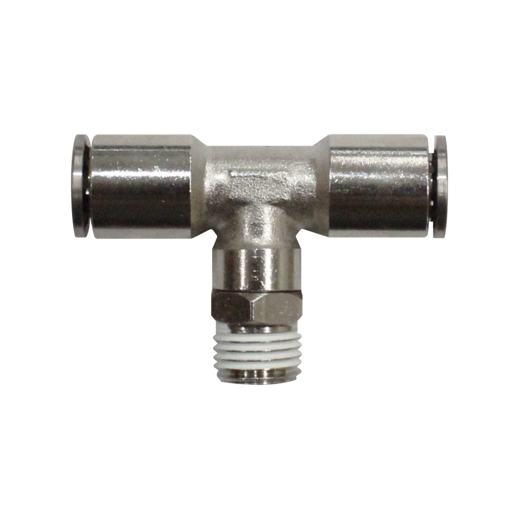 Racor rápido Tee metálico, latón niquelado, manguera 10mm rosca 1/2'' PT