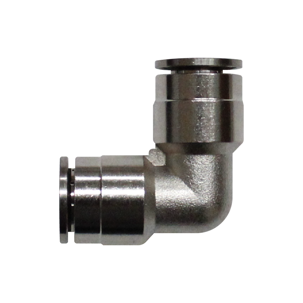 Racor rápido codo metálico, latón niquelado, unión manguera-manguera 10mm