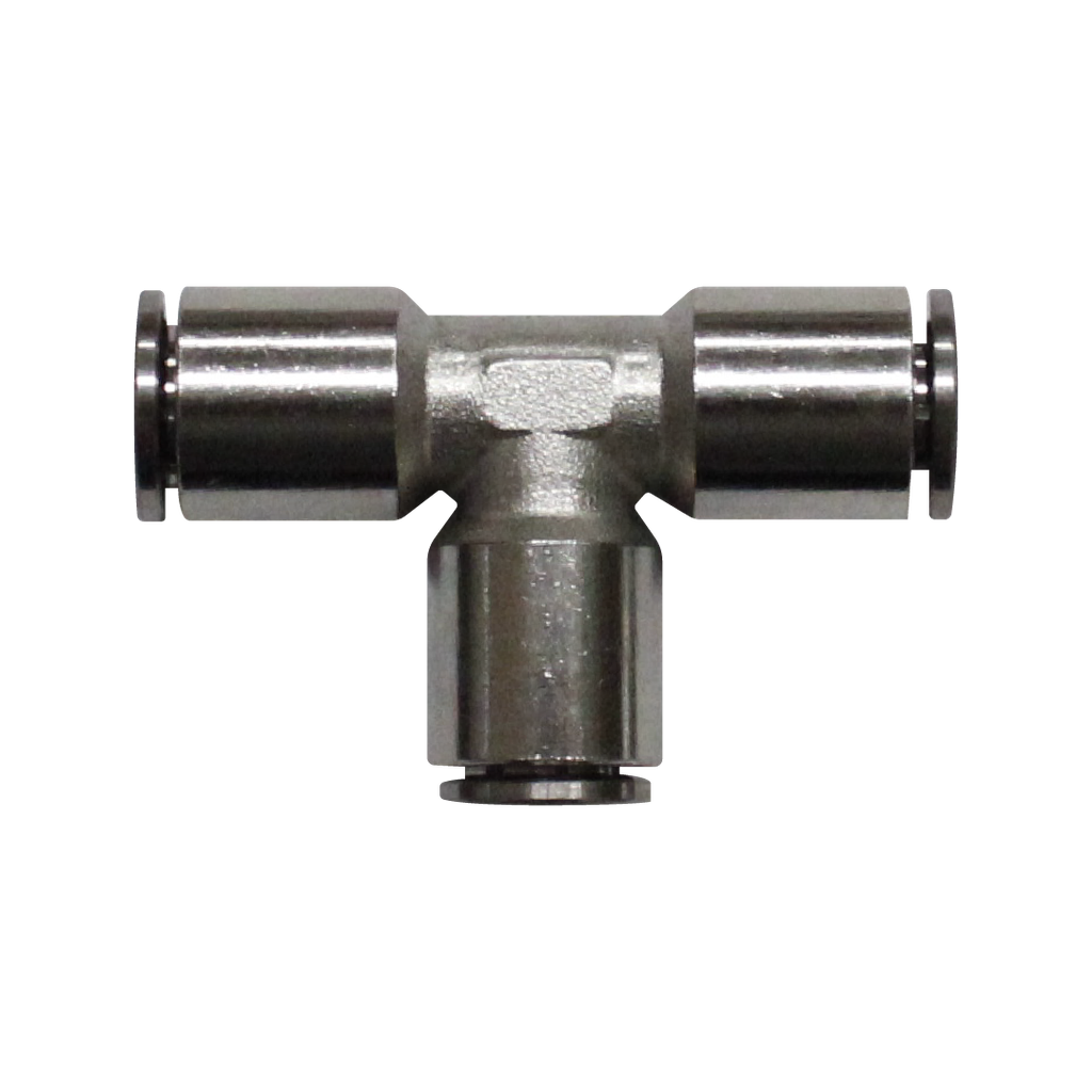 Racor rápido Tee metálico, latón niquelado, unión manguera-manguera 4mm