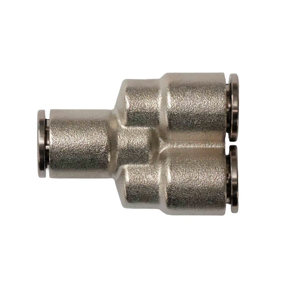 Racor rápido "Y" metálico, latón niquelado, unión manguera-manguera 12mm