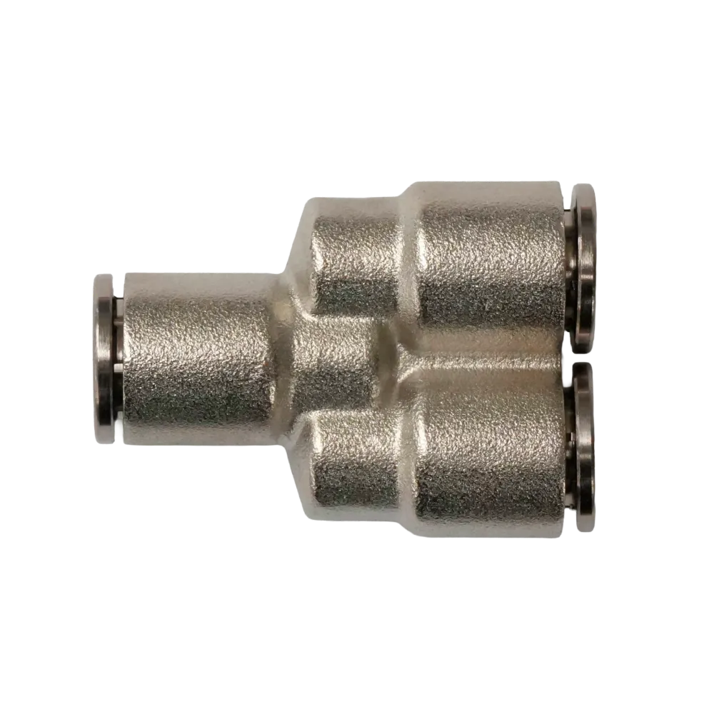 [EMY16-A] Racor rápido "Y" metálico, latón niquelado, unión manguera-manguera 16mm