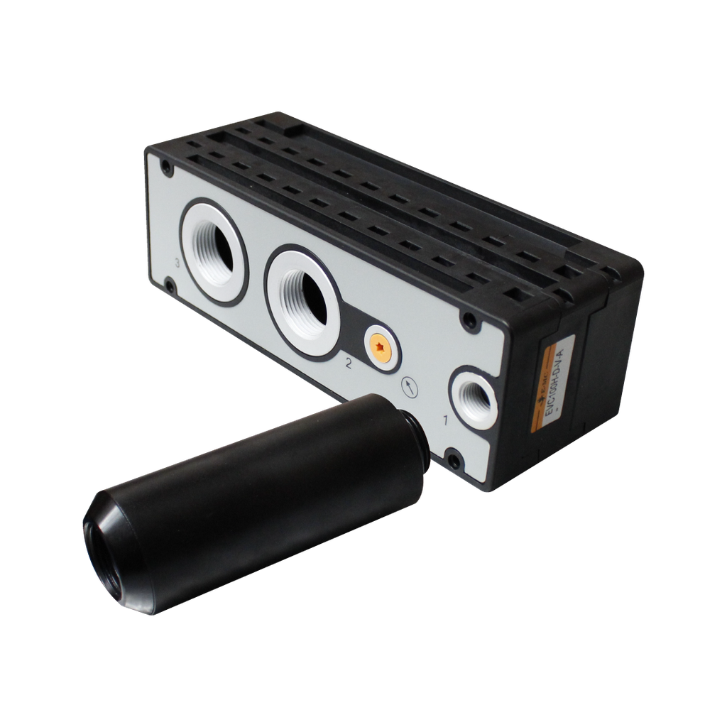 Generador de Vacío 4 tubos de aspiración, aspiración por cada tubo 92 kPa, tipo de conexión, alimentación de aire 1/4 G, puerto vacío 3/4 G", desfogue 3/4 G" con válvulas de seguridad.