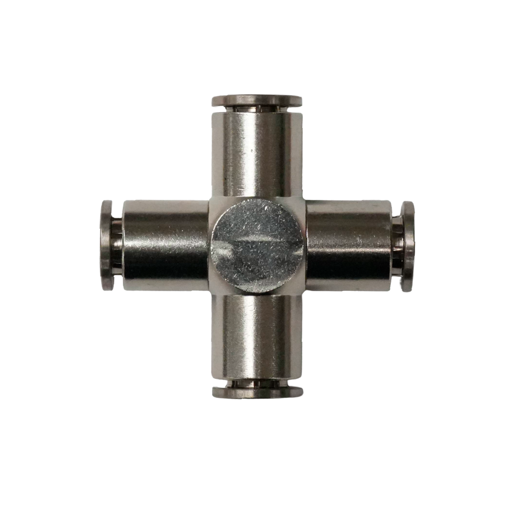 Racor rápido "X" metálico, latón niquelado, unión manguera-manguera 8mm