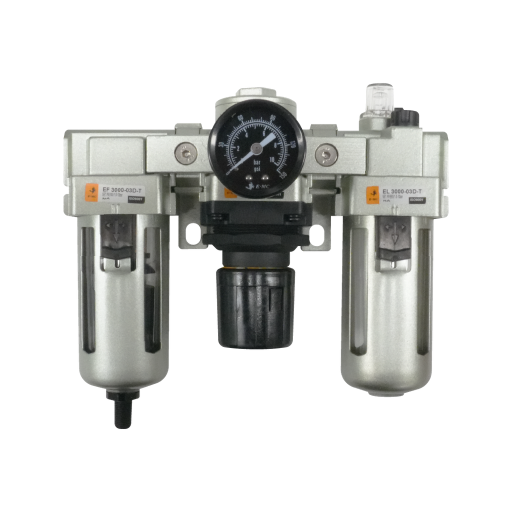 Combinación Filtro Regulador y Lubricador EC3000-035-T FRL 3/8" NPT, manómetro redondo, Bar/Psi, purga automática, 25um