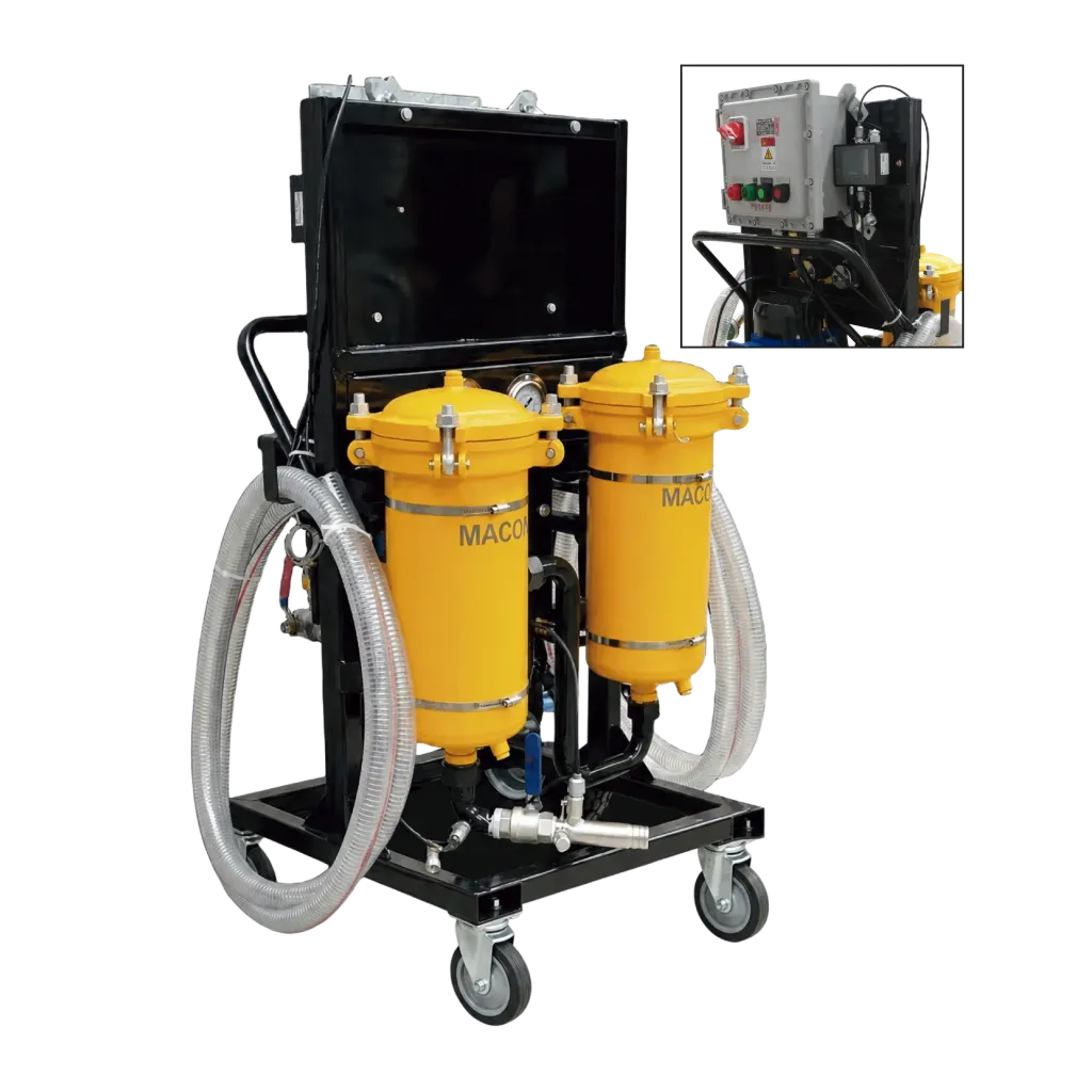 Carrito filtrador de aceite de alta precisión con tres filtros caudal 38Lxmin Presión 0.6 Mpa 220V C/contador de partículas, Micron 5um