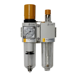 [EAC2010-01F3-T] Combinación Filtro Regulador y Lubricador FR.L, manómetro cuadrado, grado de fitración 40 micras, Tamaño 2, vasos policarbonato, 145 PSI, purga manual, puertos 1/8" NPT